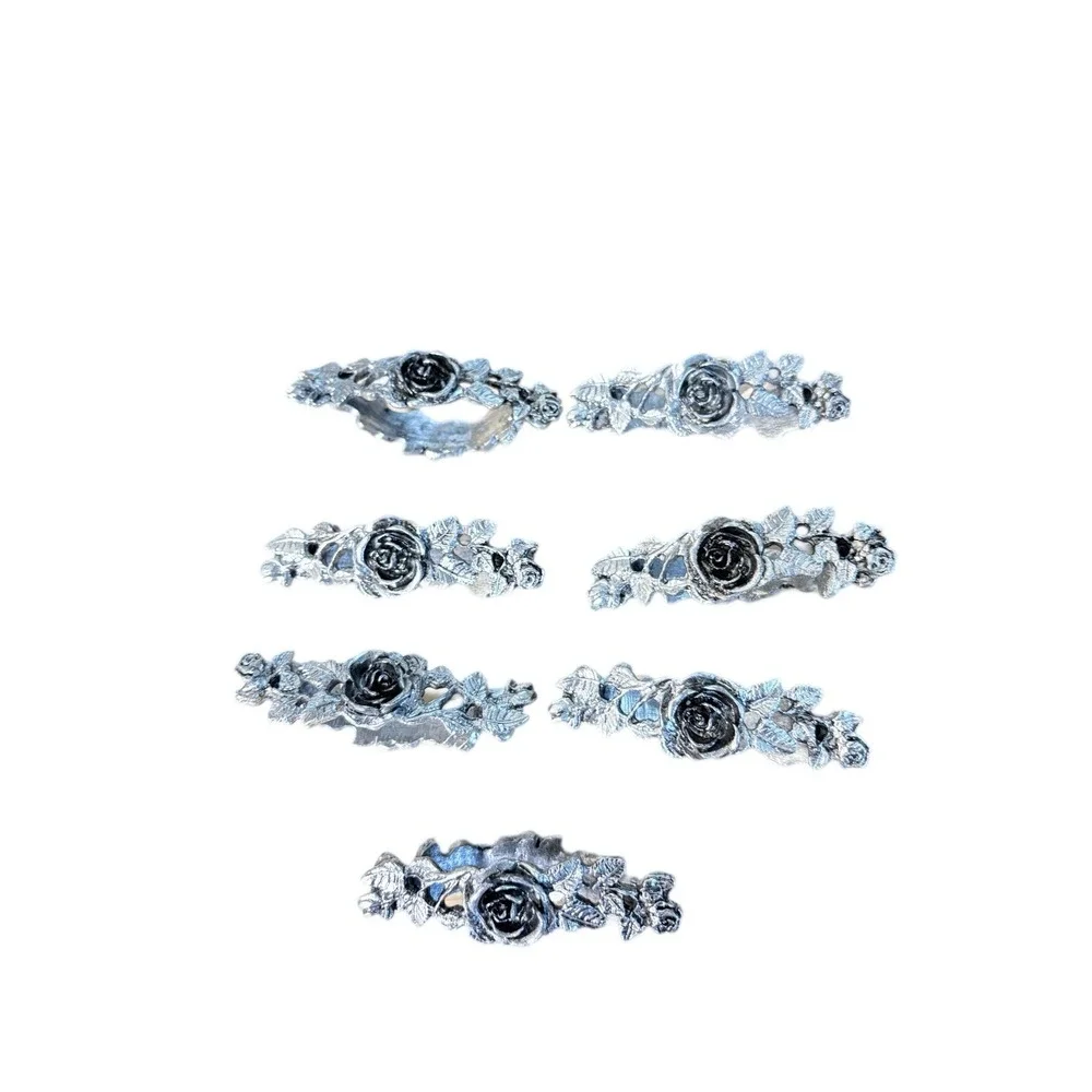 Vintage Metzke Pewter Rose Napkin Holders Set of Seven Romantic Cottagecore Y2K‎
